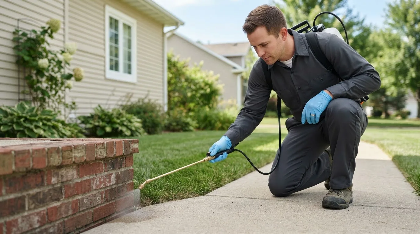 Pest control technician treating a home near Pittsburg, NH