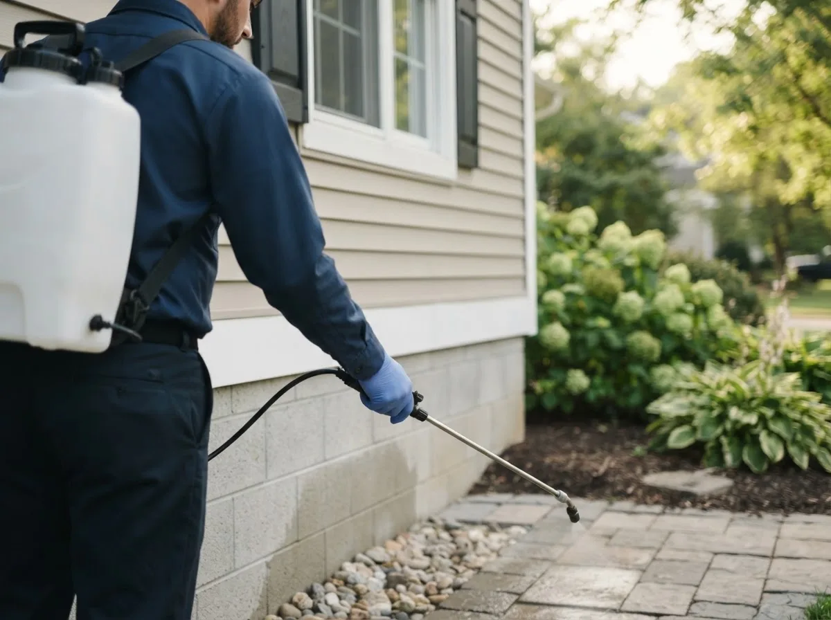 Pest control technician inspecting a home in Pittsburg, NH